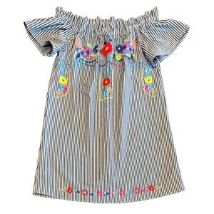 Signature 8 Navy & White Pinstripe Flower Embroidered Dress Off The Shoulder (M)